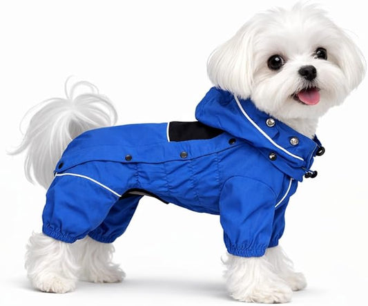 LOVELONGLONG Waterproof Dog Raincoat with Removable Hood – Outdoor Full Body Dog Jacket, Windproof Snowproof Shell Suit – All Season Pet Rain Gear Blue XS