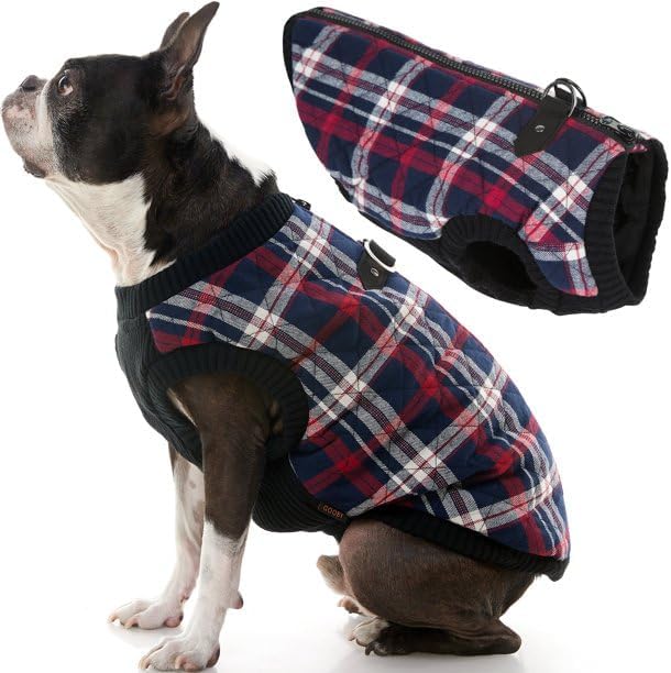 Gooby Fashion Vest Check Dog Jacket - White Check, Medium - Warm Zip Up Bomber Vest Dual D Ring Leash - Winter Water Resistant Sweater - Clothes for Small or Medium Dogs Dogs