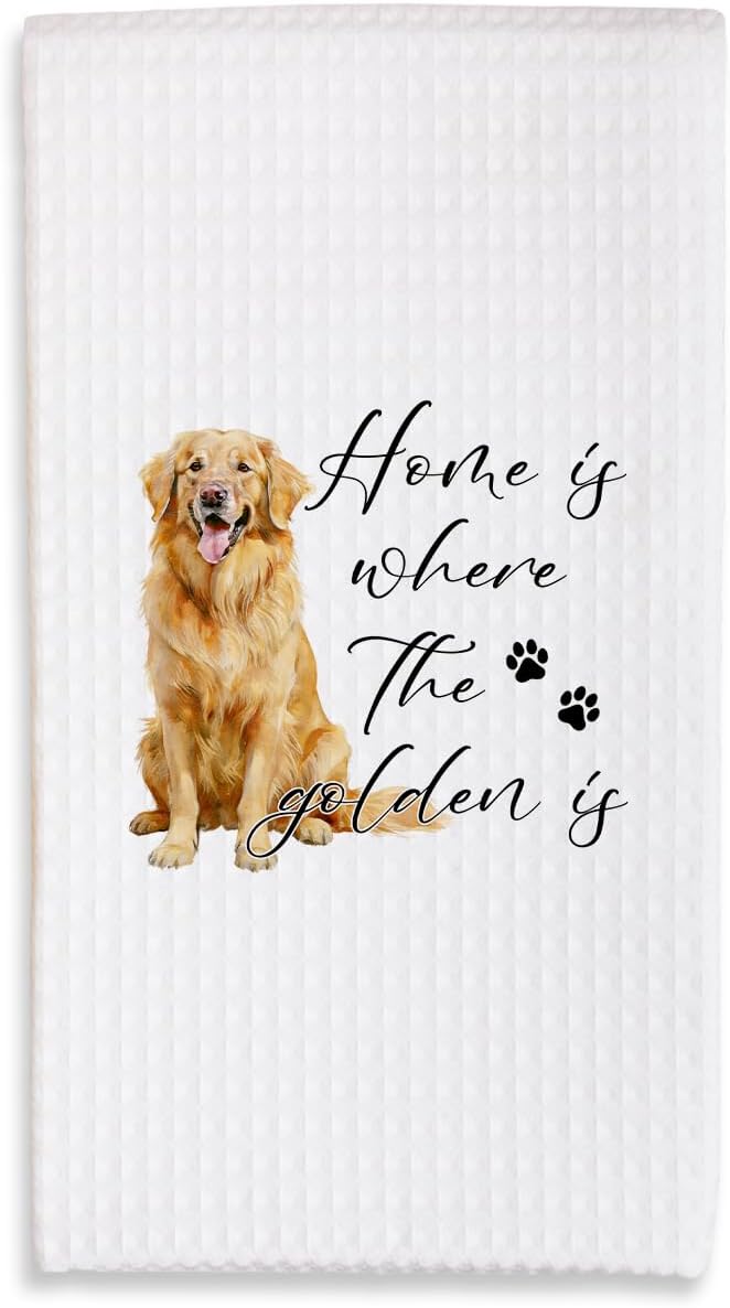 Golden Retriever Dog Kitchen Towels - Home Is Where The Golden is - 16x24 Inches Absorbent Fast Drying Dishcloths - Decorative Hand Towels for Home Bathroom - Pet Lover Dogs Mom Gifts For Women -B03