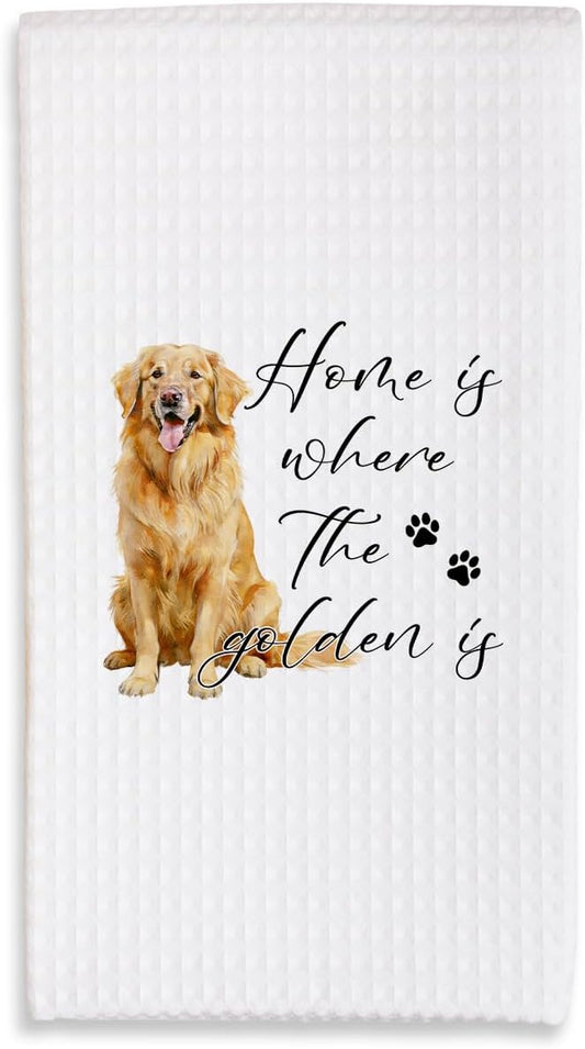 Golden Retriever Dog Kitchen Towels - Home Is Where The Golden is - 16x24 Inches Absorbent Fast Drying Dishcloths - Decorative Hand Towels for Home Bathroom - Pet Lover Dogs Mom Gifts For Women -B03