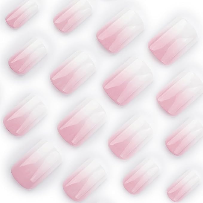 yefiuo Press on Nails Short Square Ombre French Fake Nails Press ons Glossy Acrylic False Nails Glue on Nails Reusable Nail Tips Kit Full Cover Stick on Nails Manicure Supplies for Women Girls 24Pcs