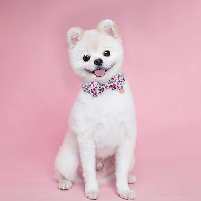 Valentine Dog Collar with Bow Tie, Pink Cotton Collar with Metal Buckle, XS, Neck 8-12in