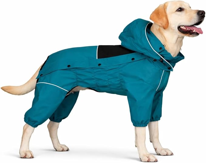 LOVELONGLONG Waterproof Dog Raincoat with Removable Hood – Outdoor Full Body Dog Jacket, Windproof Snowproof Shell Suit – All Season Pet Rain Gear Ocean Teal XXL