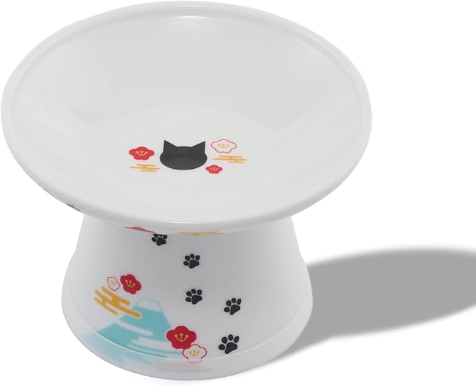 Necoichi Elevated Cat Food Bowl, Ceramic (Porcelain), Whisker-Friendly, Dishwasher & Microwave Safe, Non-Slip Silicone Base, Anti-Vomiting & Neck Fatigue (Fuji, Extra Wide, 2-Cups Capacity).