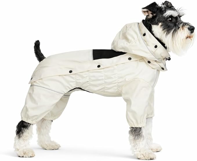 LOVELONGLONG Waterproof Dog Raincoat with Removable Hood – Outdoor Full Body Dog Jacket, Windproof Snowproof Shell Suit – All Season Pet Rain Gear Ivory S+