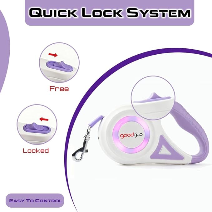 16ft Retractable Dog Leash with LED Light, Nylon Tape Lead for Medium Dogs Up to 60lbs, One-Hand Brake (Purple)