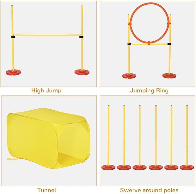 anwickjeff 4-Piece Dog Agility Training Equipment with Tunnel, Hurdle Bar, Hoop, Weave Poles, and Easy Carry Case,Obstacle Course for Dogs Backyard Competitive (Yellow, 4 Piece)