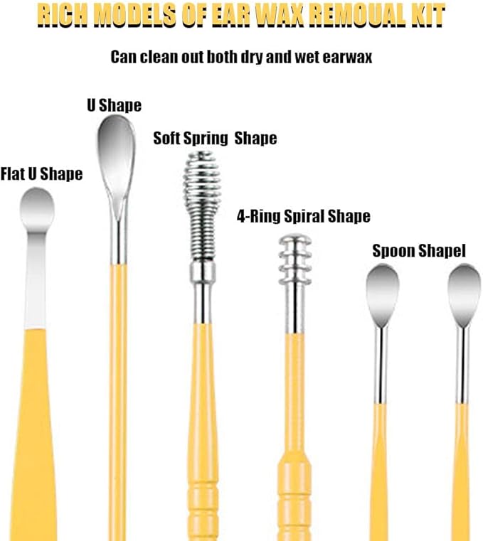 6 Pcs Ear Pick Earwax Removal Kit, Cleansing Tool Set, Curette Cleaner, 360degree Spiral Design Canal Cleaner Stainless Steel,with a Storage Box Portable Kit (Yellow), 11.7x2.8x2cm