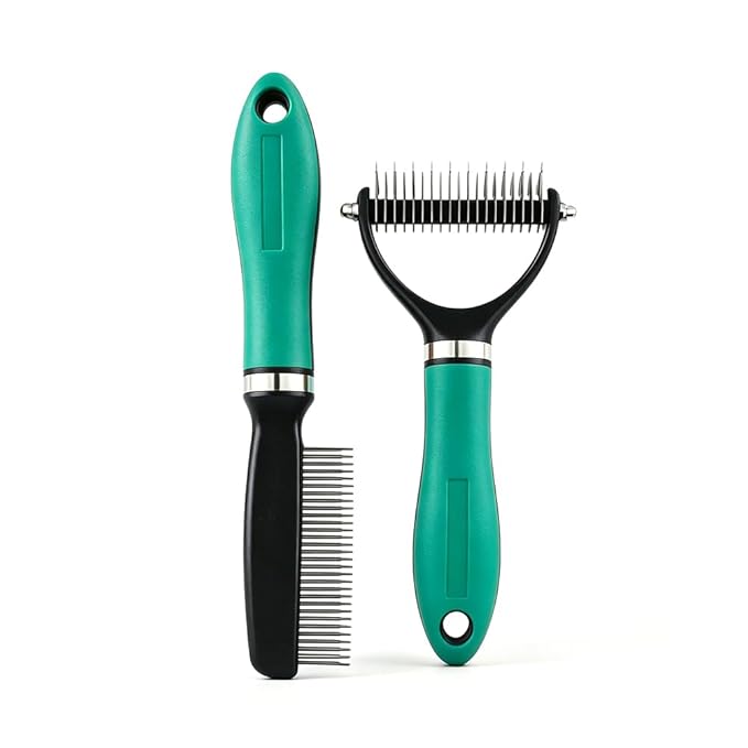 Pet Grooming Rake, Double Sided Deshedding Brush for Dogs & Cats, Undercoat Rake for Shedding, Dematting Comb for Long Haired Pets (Green-1set)