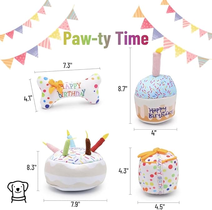 Dog Squeaky Toys Plush Chew Toys Enrichment Toys Interactive Burrow Activity Cute Dog Birthday Gifts Funny Toy Bundle Pack for Small Medium Large Dogs (Birthday Cake - 4 Pack)