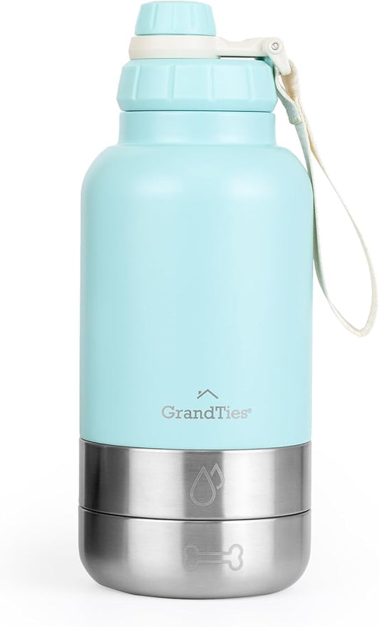GrandTies Insulated Portable Dog Water Bottle with 2 Detachable Water Bowl Dispenser | Leak-Proof Dog Food Travel Container | Accessories for Dogs Walking, Hiking, Camping (32oz, Powder Green)