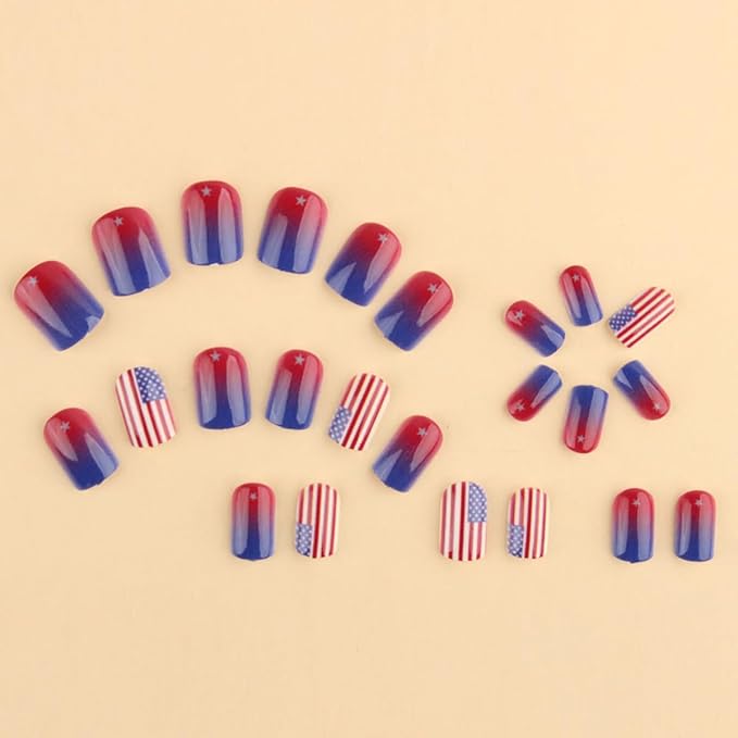 yefiuo 4th of July Press on Nails Short Square Ombre French Fake Nails Press ons Flag Acrylic False Nails Glue on Nails Reusable Nail Tips Kit Full Cover Stick on Nail Supplies for Women Girls 24Pcs