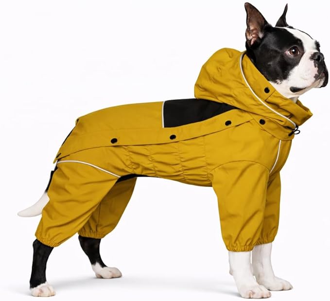LOVELONGLONG Waterproof Dog Raincoat with Removable Hood – Outdoor Full Body Dog Jacket, Windproof Snowproof Shell Suit – All Season Pet Rain Gear Mustard Yellow L