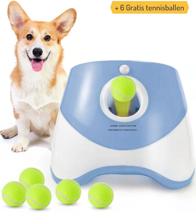 Automatic Dog Ball Launcher for Small & Medium Dogs, Interactive Dog Fetch Machine with 3 Distance Settings (10–30 ft), Mini Tennis Ball Thrower Includes 6 Balls, Indoor Outdoor Dog Toy - Blue