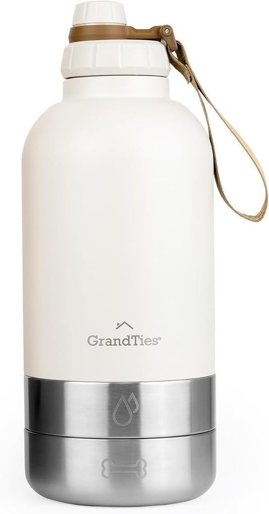 GrandTies Insulated Portable Water Bottle with 2 Detachable Dog Bowl Dispenser | Leak-Proof Food Travel Container | Walking, Hiking, Camping (64oz, Ivory White)
