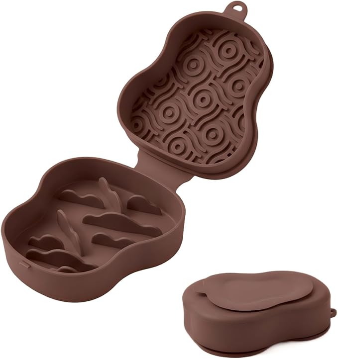 Collapsible Dog Travel Bowl with Lid, Portable Slow Feeder & Lick Mat Combo, Mess-Free Clamshell Silicone Water Dish for Hiking (Khaki)