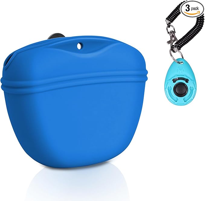 Left&Right Dog Clicker Training Kit,Silicone Dog Training Treat Pouch and Dog Clickers,Dog Treat Bag with Clicker Training for Dogs,Pet Treat Bag with Magnetic Buckle Closing and Waist Clip,Navy Blue