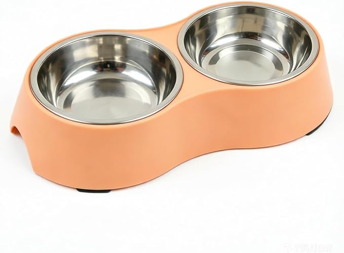 Small Orange Double Pet Bowl – Non-Slip Stainless Steel Food & Water Set for Cats, Kittens & Small Dogs, BPA-Free Mess-Free Feeding Dishes