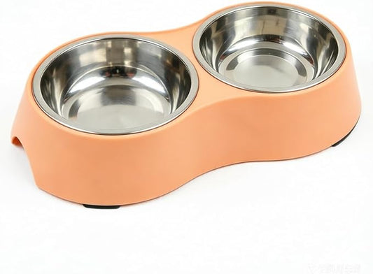 Small Orange Double Pet Bowl – Non-Slip Stainless Steel Food & Water Set for Cats, Kittens & Small Dogs, BPA-Free Mess-Free Feeding Dishes
