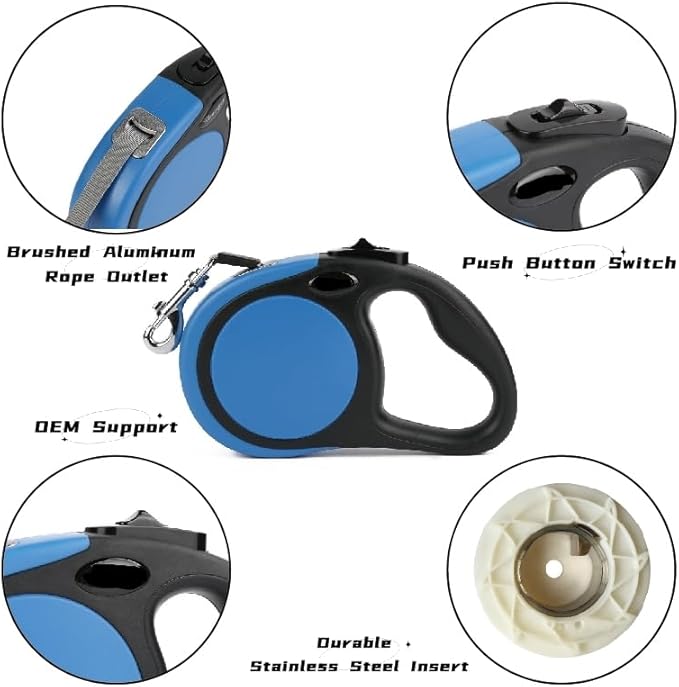 Dual Retractable Dog Leash Small Breed (Up to 44 Lbs Each) - Double Headed 18.5 ft Extendable Pet Leash with Poop Bags, Non Slip Grip - One Button Break & Lock, 360° Tangle-Free (Blue, Medium)