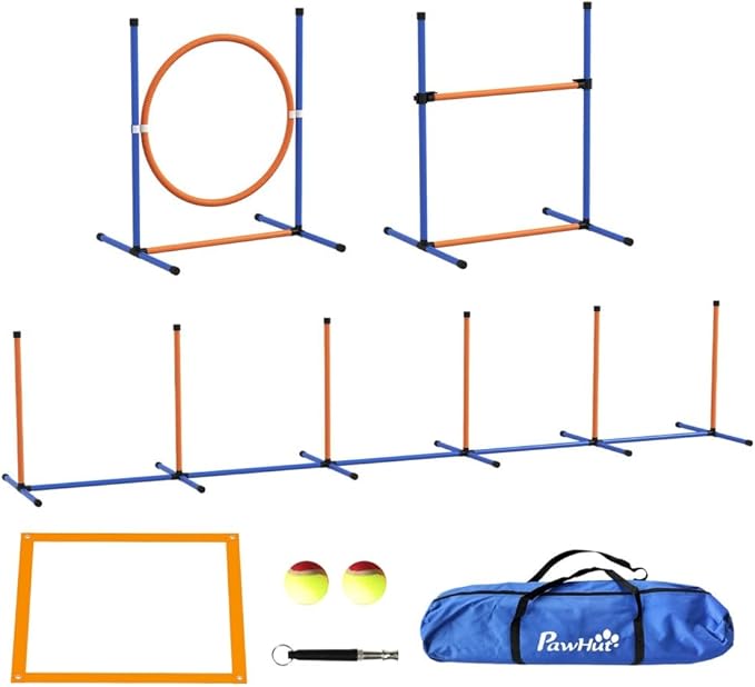 4 Pieces Dog Agility Training Equipment with Weave Poles, Adjustable Hurdle Jumping Ring, Pause Box, Whistle, Toy Balls for Backyard,Obstacle Course for Dogs Backyard (Blue + Orange, 4 Piece)