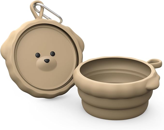 Silicone Collapsible Dog Bowl for Travel,Premium Food-Grade Silicone, Portable Water Bowl for Dogs Cats, Foldable Food Water Bowl, Walking, Carabiner, BPA Free, Dishwasher Safe (Brown)