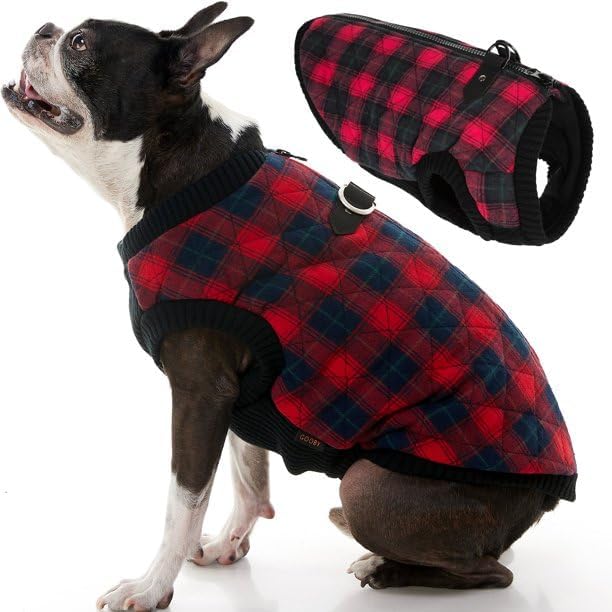 Gooby Fashion Vest Check Dog Jacket - Red Check, X-Small - Warm Zip Up Dog Bomber Vest with Dual D Ring Leash Water Resistant for Small to Medium Dogs