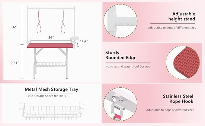 Professional Dog Pet Grooming Table Adjustable Heavy Duty Portable w/Arm & Noose & Mesh Tray (Pink, 46")