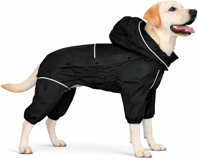 LOVELONGLONG Waterproof Dog Raincoat with Removable Hood – Outdoor Full Body Dog Jacket, Windproof Snowproof Shell Suit – All Season Pet Rain Gear Black XXL