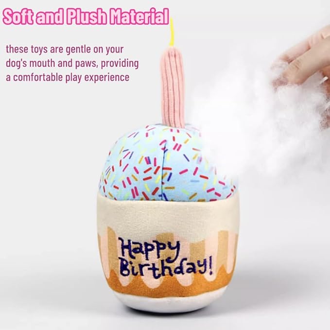 Dog Squeaky Toys Plush Chew Toys Enrichment Toys Interactive Burrow Activity Cute Dog Birthday Gifts Funny Toy Bundle Pack for Small Medium Large Dogs (Birthday Cake - 4 Pack)