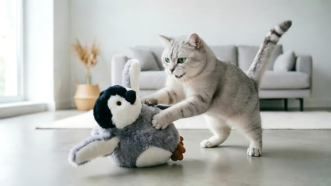 Automatic Flapping Penguin Cat Toy, Realistic Moving Wings Plush Bird Toy with Built‑in Motor & Battery, Interactive Stimulating Kicker Toy for Indoor Cats, USB Rechargeable Pet Entertainment Toy