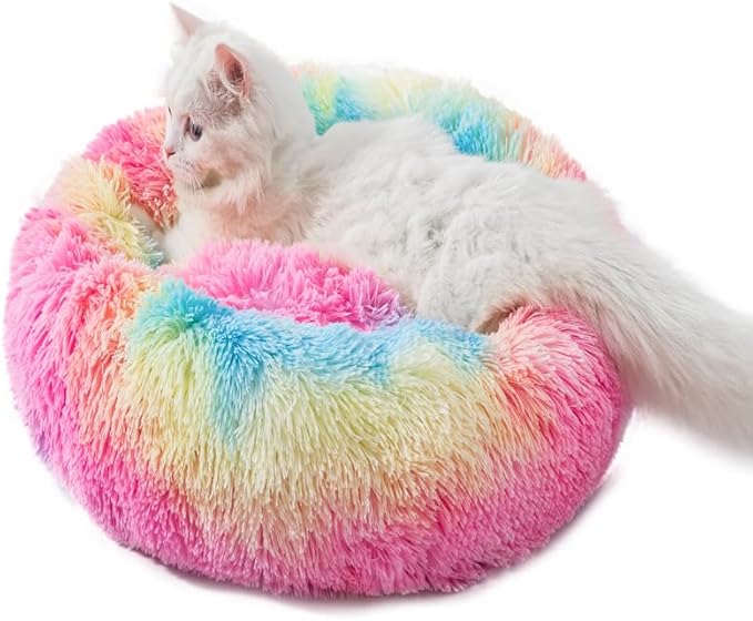 Fluffy Donut Dog Bed for Puppies Cat Bed Plush Soft Faux Fur Non-Slip Bottom Indoor Cozy Comfortable Pet Bed Bunny Pillow Dog Piilow Small for 3KG