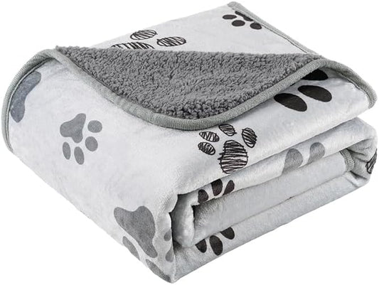 Waterproof Dog Blankets Pet Blanket, 30"x40" Cat Blanket for Indoor Cats, Soft Fluffy Sofa Car Bed Protector, Reversible Sherpa Fleece Puppy Blanket for Small Medium Dogs(Light Grey-Paws)