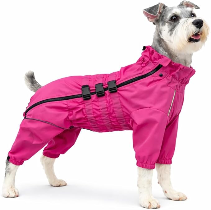 Lovelonglong Waterproof Dog Raincoat – 4-Leg Full Body Dog Rain Suit with Reflective Strips & Leash Opening, Outdoor Dog Jacket for Rainy Weather