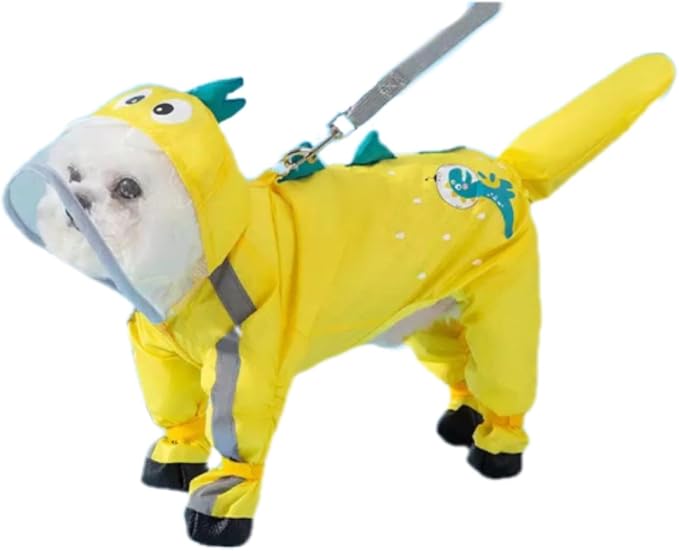 Waterproof Dog Raincoat,Full Coverage 4 Legs Dog Rain Jacket for Small Dogs,Pet Rain Coat with Hood,Reflective Strips&Leash Hole Outdoor Raincoat (Small（for Weight 3.3-5 lb）, Yellow Dinosaur)