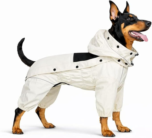 LOVELONGLONG Waterproof Dog Raincoat with Removable Hood – Outdoor Full Body Dog Jacket, Windproof Snowproof Shell Suit – All Season Pet Rain Gear Ivory 4XL