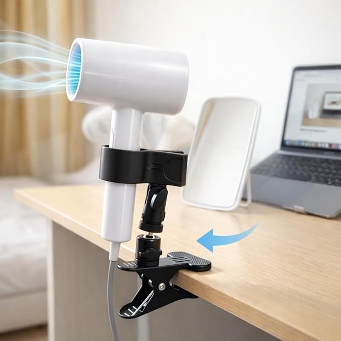 360 Degree Rotating Hands Free Hair Dryer Holder Sturdy Metal Base and Strong Clamp Adjustable and Flexible Blow Dryer Stand for Easy Styling Stable and Easy Installation