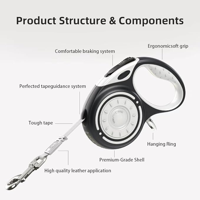 Retractable Dog Leash for Medium & Large Dogs up to 80 lbs, One-Handed Brake, 180kg Strong Nylon Tape, Tangle Free, Anti-Slip Handle (M & L Size) (Black Grey, M-4M)