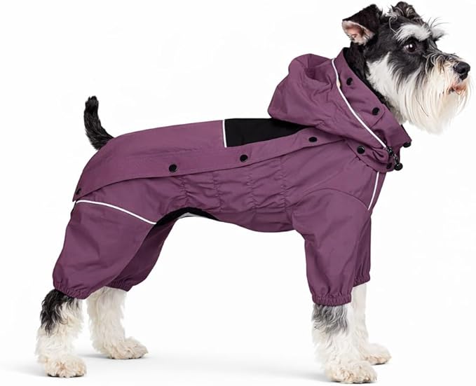 LOVELONGLONG Waterproof Dog Raincoat with Removable Hood – Outdoor Full Body Dog Jacket, Windproof Snowproof Shell Suit – All Season Pet Rain Gear Plum Purple S