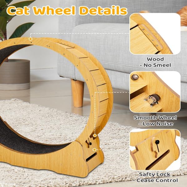 Wooden Cat Exercise Wheel, 43.3" Large Cats Treadmill Wheel for Indoor Cats,Cat Running Wheel with Detachable Carpet & Safety Lock for Running/Walking/Training,Quiet and Sturdy Suitable for Most Cats