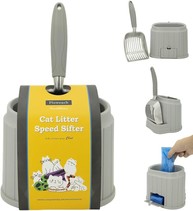 Heavy-Duty Cat Litter Scoop with Holder&Litter Bags, Metal Cat Scooper with Bags, Aluminum Kitty Poop Sifting Shovel Captures All Clumps, Speed Sifter Litter Box Scooper with Cats Caddy