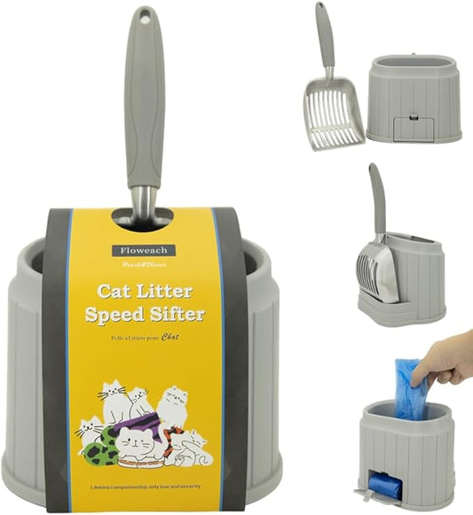 Heavy-Duty Cat Litter Scoop with Holder&Litter Bags, Metal Cat Scooper with Bags, Aluminum Kitty Poop Sifting Shovel Captures All Clumps, Speed Sifter Litter Box Scooper with Cats Caddy