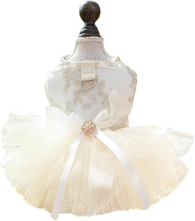 ANIAC Embroidered Dog Dress for Small Dog,Girl Puppy Princess Tutu Dress with Leash Ring,Cat Apparel,Chihuahua Yorkie Clothes for Birthday Wedding (Medium, Champagne)