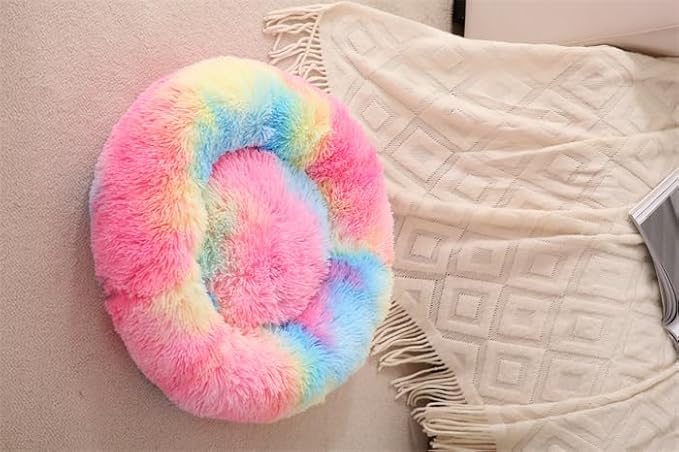 Small Dog Bed for Small Dogs, Washable Donut Cat Beds for Indoor Cats, Ultra-Soft Plush Calming Bed for Kittens & Puppies Up to 6.6lbs, Anti-Slip Bottom, Rainbow,13",Shag Faux Fur