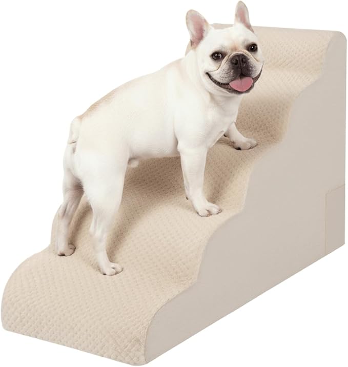 Oiilores Dog Stairs for Medium Dogs 22" H, 5-Step Dog Steps Ramp for High Beds and Couch with Anti-Slip Washable Cover and Durable High Density Foam, Beige
