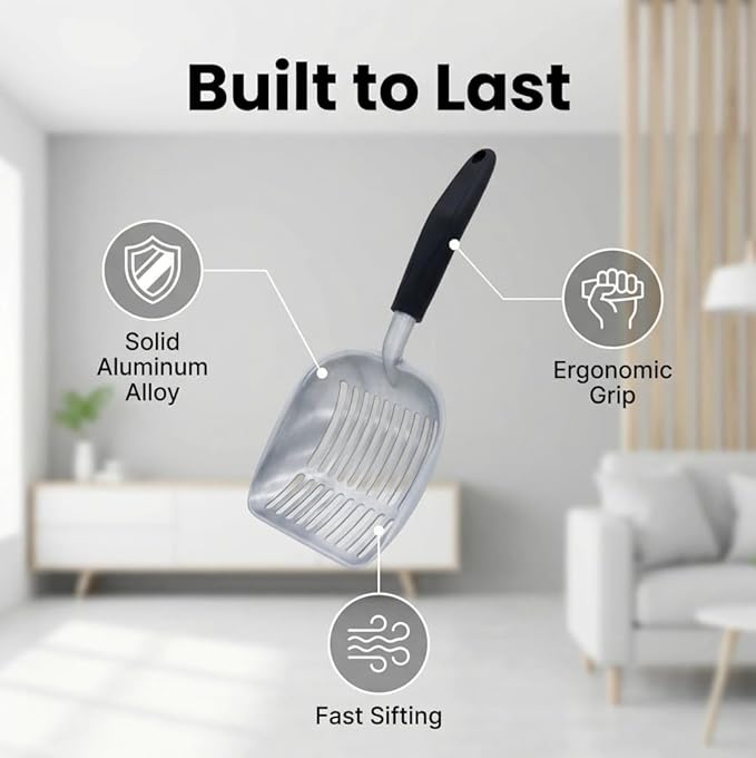 Heavy-Duty Cat Litter Scoop with Holder&Litter Bags, Metal Cat Scooper with Bags, Aluminum Kitty Poop Sifting Shovel Captures All Clumps, Speed Sifter Litter Box Scooper with Cats Caddy