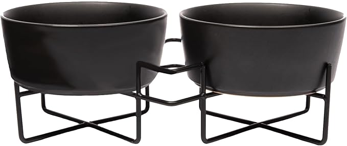 Waggo Simple Solid Double Dog Bowl and Dog Bowl Stand - Double Iron Stand with Double Ceramic Feeder or Water Bowl, Small or Large Dog Elevated Pet Feeder (Matte Black, Medium)