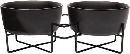 Waggo Simple Solid Double Dog Bowl and Dog Bowl Stand - Double Iron Stand with Double Ceramic Feeder or Water Bowl, Small or Large Dog Elevated Pet Feeder (Matte Black, Medium)