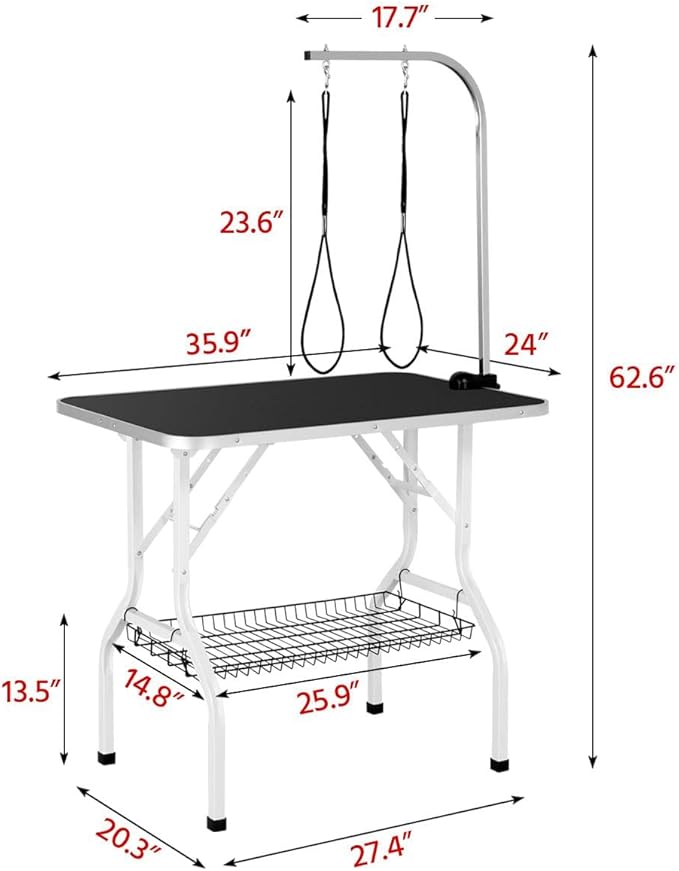 Topeakmart Folding Dog Grooming Table - Professional Pet Cat Trimming Table w/Adjustable Arm Clamp/Noose/Mesh Tray L36in x W24in x H30in Black Maximum Capacity Up to 220lbs