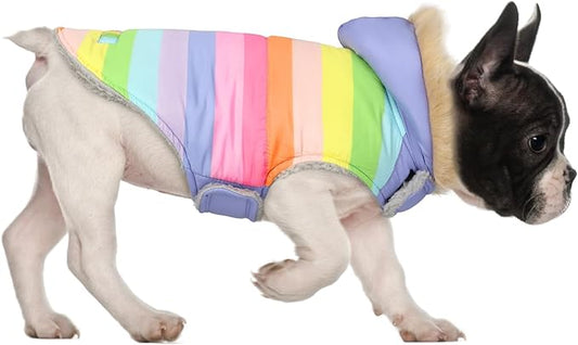 HDE Dog Puffer Jacket Fleece Lined Warm Dog Parka Winter Coat with Harness Hole Pastel Rainbow - M